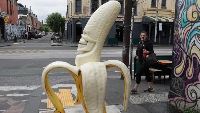 Yarra Council splashed $22,000 on a menacing big banana sculpture in a bid to make a key street more ‘pedestrian friendly’. Picture: Alex Coppel