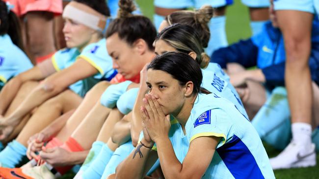 Sam Kerr and her team watch as Sweden get 3rd place medals after the FIFA WomenÃs World Cup 3rd place playoff between Australia and Sweden at Suncorp Stadium in Brisbane. Pics Adam Head