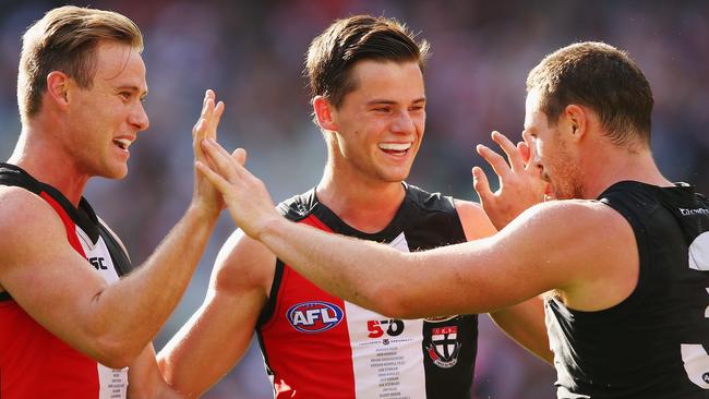 Jack Steven celebrates a goal with David Armitage and Jack Lonie. (Photo by Michael Dodge/Getty Images)