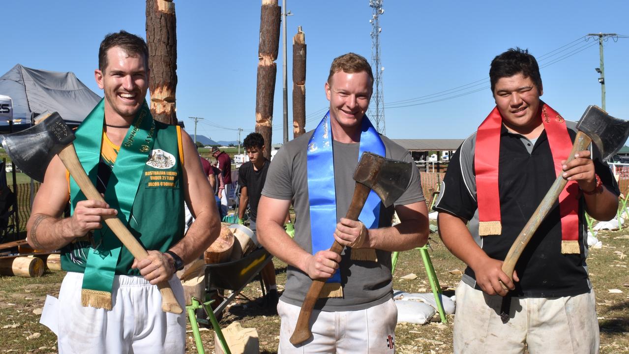 Jacob O'Donnell of Mackay, Mitch Gossow of Townsville, and Awatea Barrett of Mackay took out the top spots in the standing block championship. Picture: Kirra Grimes