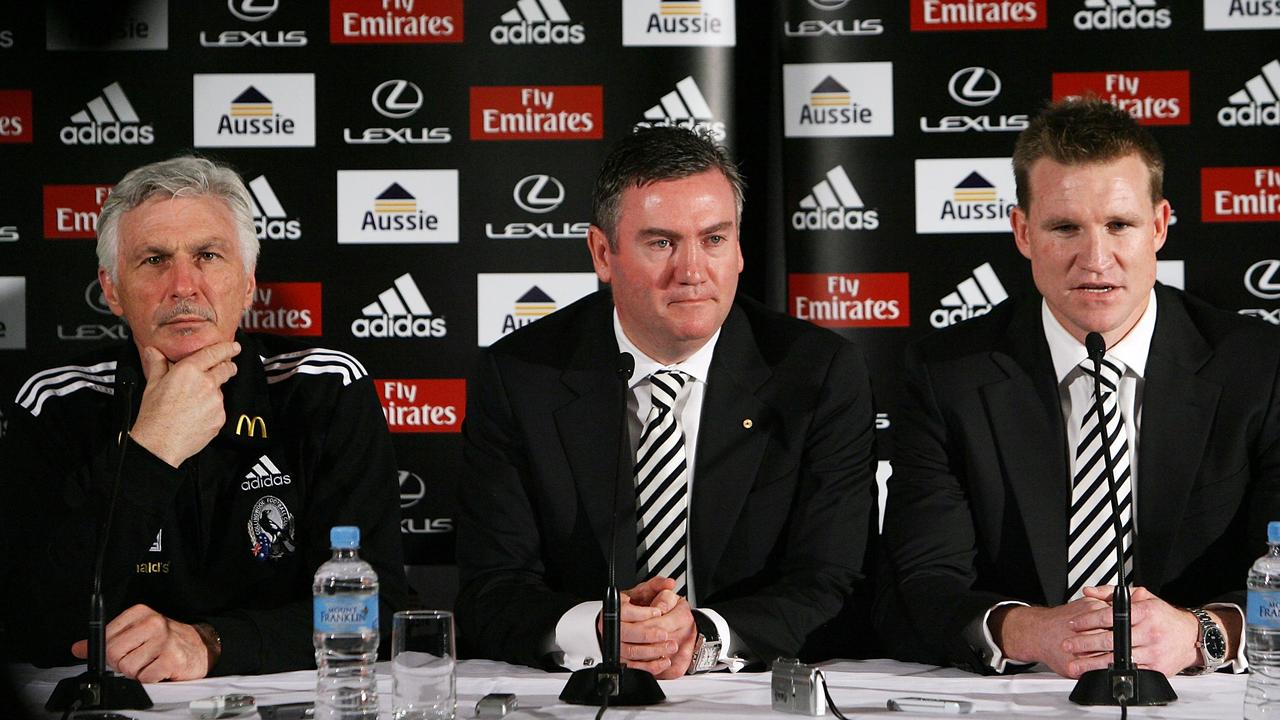 MELBOURNE, AUSTRALIA - JULY 28: Coach Michael Malthouse, Collingwood President Eddie McGuire and Nathan Buckley announce a five year coaching plan for the Collingwood Football Club at a press conference at the Lexus Centre on July 28, 2009 in Melbourne, Australia. (Photo by Robert Prezioso/Getty Images)