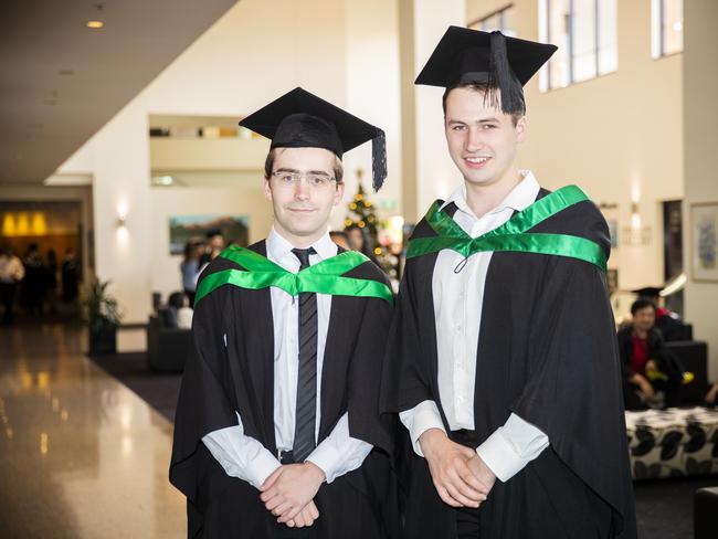 Sam Falloon and Gareth Davy. University of Tasmania Hobart Graduations 2019, Wednesday morning. Picture: RICHARD JUPE