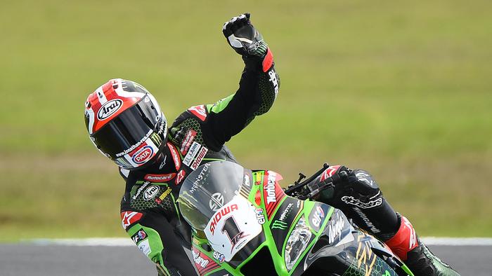 PHILLIP ISLAND, AUSTRALIA - MARCH 01: Jonathan Rea of Great Britain riding the #1 Kawasaki Racing Team WorldSBK Kawasaki celebrates coming second in Race 2 of round One during the 2020 Superbike World Championship at Phillip Island Grand Prix Circuit on March 01, 2020 in Phillip Island, Australia. (Photo by Quinn Rooney/Getty Images)