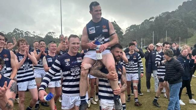 Macedon great James Wright is chaired off after his 250th game. Picture: Macedon Instagram