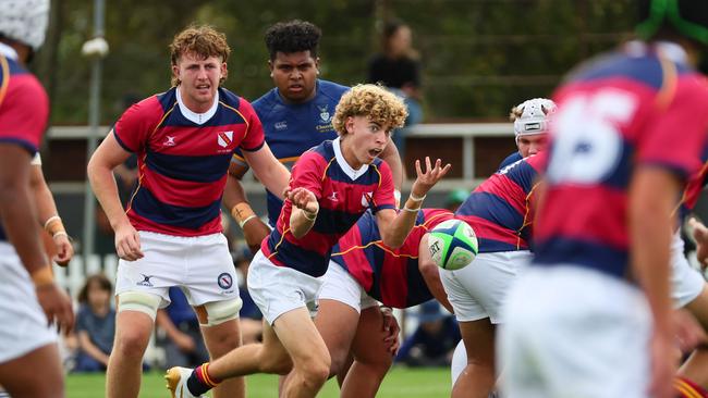 Action from the GPS rugby round 1 match between Churchie and Brisbane State High. Picture: Tertius Pickard