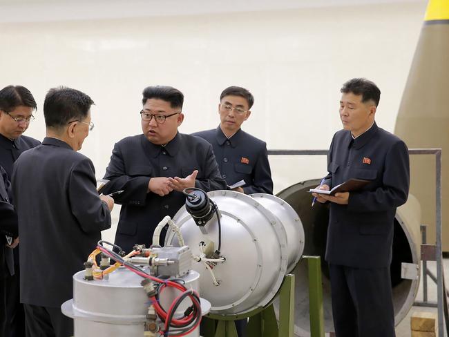 North Korea has developed a hydrogen bomb which can be loaded into the country’s new intercontinental ballistic missile, the official Korean Central News Agency has claimed. Picture: KCNA/AFP