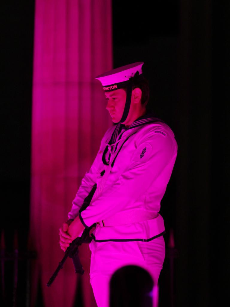BRISBANE, AUSTRALIA - NewsWire Photos APRIL 25, 2024: A soldier stands during the ANZAC Day Dawn Service held in Brisbane. Picture: NCA NewsWire/Tertius Pickard