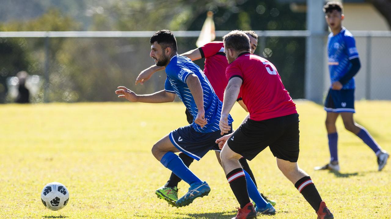 Maher Simoqa of Rockville Rovers against Chinchilla Bears in Div 1 Men FQ Darling Downs Presidents Cup football at West Wanderers, Sunday, July 24, 2022. Picture: Kevin Farmer