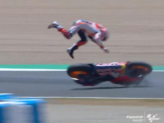 Marc Marquez broke his arm after being sent flying.