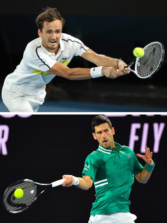 Australian Open adversaries Daniil Medvedev (top) and Novak Djokovic. Picture: AFP