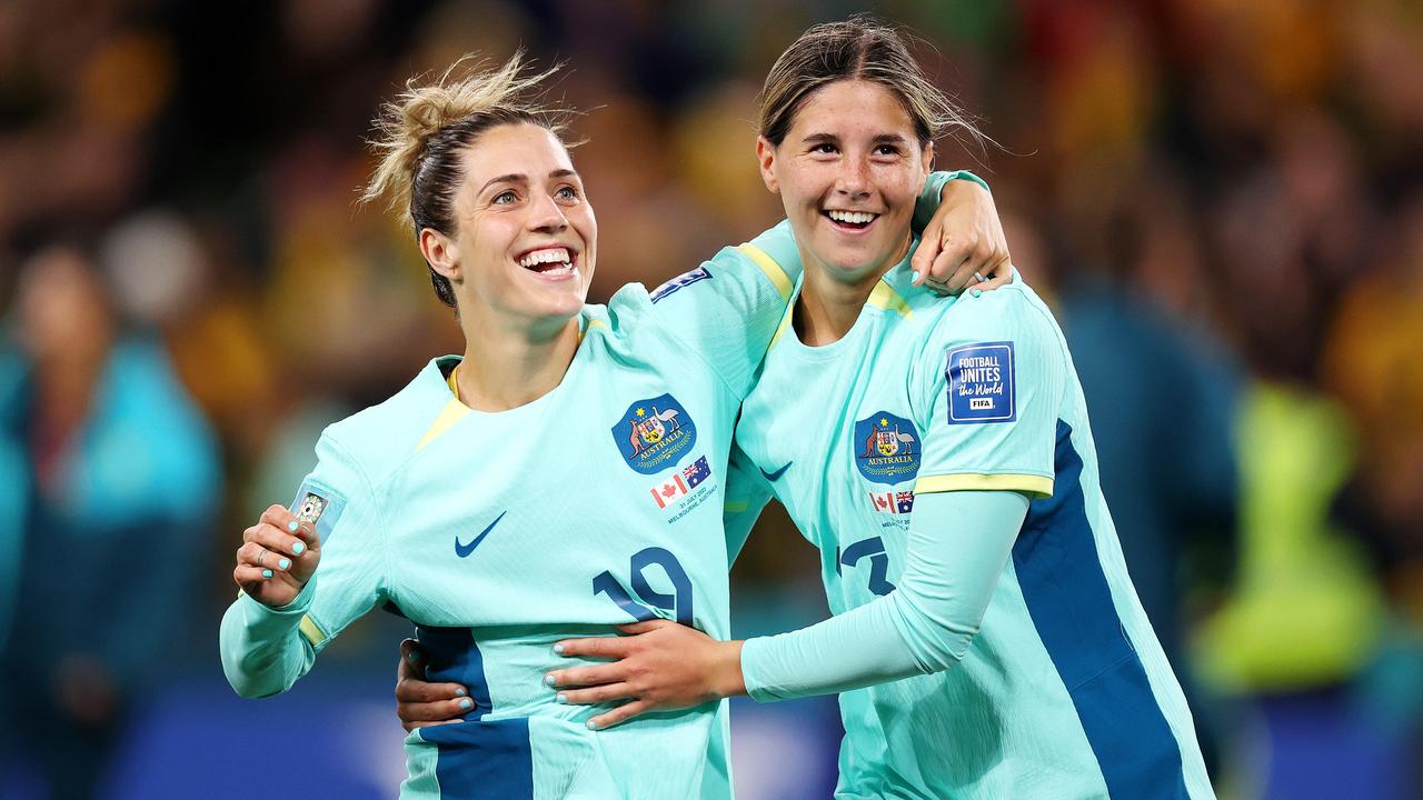 MELBOURNE, JULY 31, 2023: 2023 Fifa Womens World Cup - Australia V Canada. Katrina Gorry of the Matildas and Kyra Cooney-Cross of the Matildas celebrate after the match at Melbourne Rectangular Stadium. Picture: Mark Stewart
