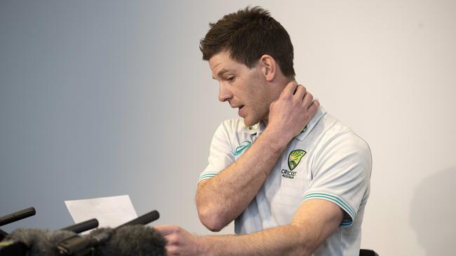 Tim Paine was emotional when he stepped down as captain in Hobart. Picture: Chris Kidd