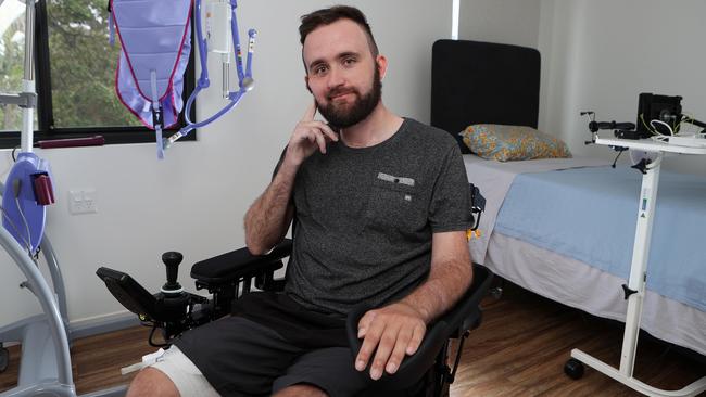 Injured Motorcyclist Adam Croton has had 15 surgeries and has been left wheelchair-bound but forgives the elderly driver who almost killed him, Loganlea. Picture: Liam Kidston.