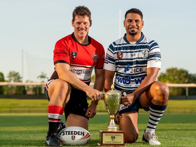 The 2020 rugby league grand final captains, Litchfield v Brothers at Mararra Rugby League Stadium. Luke Mahood and Aaron Pollard.Picture: Che Chorley