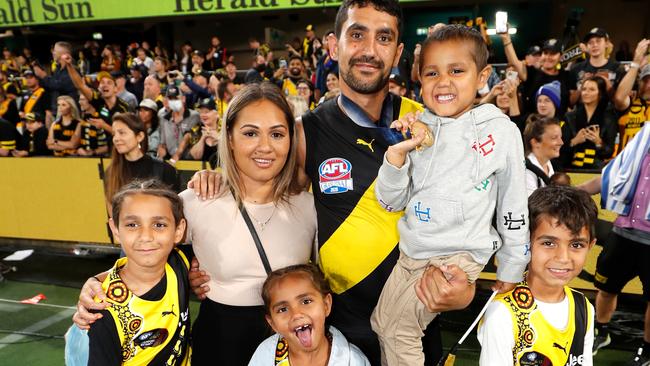 Marlion, Jess and their four children after he won his second AFL premiership. Picture: Getty Images