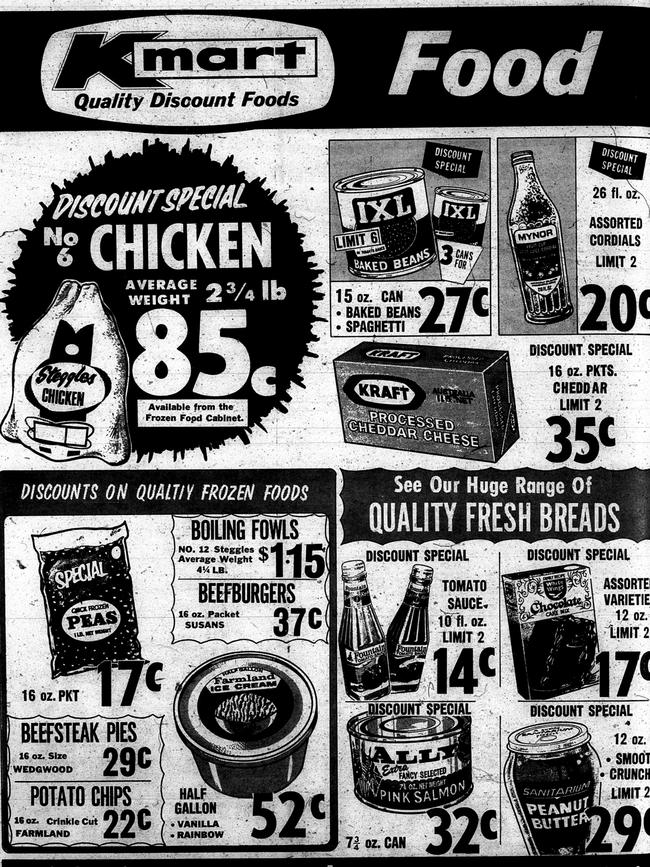 An old Kmart Food advertisement, showing a roast chicken for 85c and beef pies for 29c. Picture: Supplied