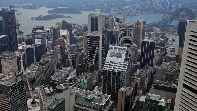 Cranes stretch up from building projects across the CBD seen from the Sydney Tower Eye. Picture: Nicholas Eagar