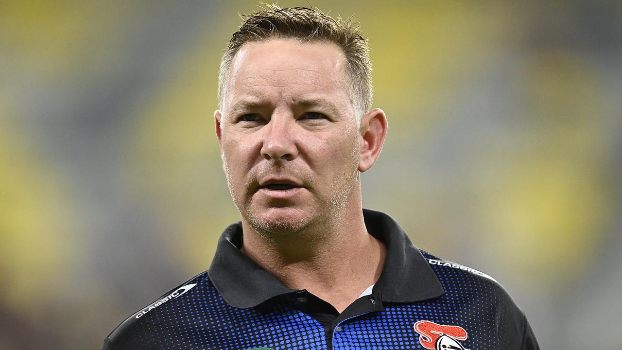 TOWNSVILLE, AUSTRALIA - APRIL 22: Newcastle coach Adam O'Brien looks on before the start of the round eight NRL match between North Queensland Cowboys and Newcastle Knights at Qld Country Bank Stadium on April 22, 2023 in Townsville, Australia. (Photo by Ian Hitchcock/Getty Images)