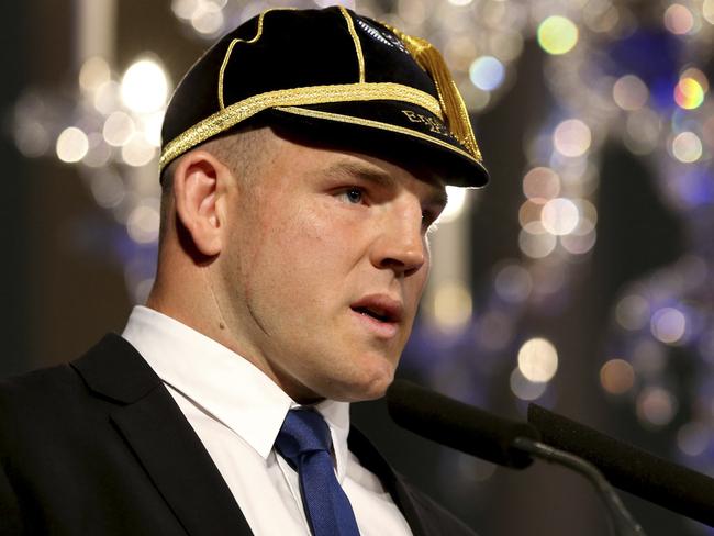 Australia rugby captain Stephen Moore attends the welcome ceremony at The Assembly Rooms, Bath, England, Tuesday Sept. 15, 2015. The Rugby World Cup starts Friday, Sept. 18, with England playing Fiji, and ends with the final on Oct. 31. (Tim Goode/PA via AP) UNITED KINGDOM OUT NO SALES NO ARCHIVE MANDATORY CREDIT