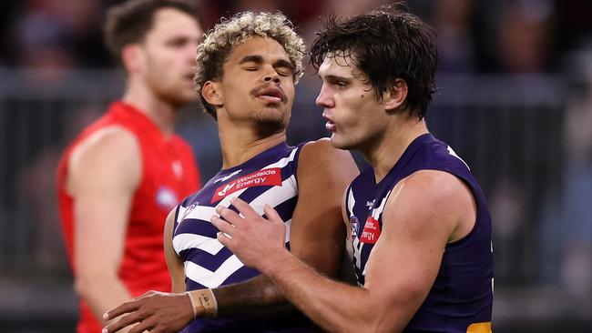 PERTH, AUSTRALIA - JUNE 24: Liam Henry of the Dockers reacts after missing a shot on goal during the 2023 AFL Round 15 match between the Fremantle Dockers and the Essendon Bombers at Optus Stadium on June 24, 2023 in Perth, Australia. (Photo by Will Russell/AFL Photos via Getty Images)