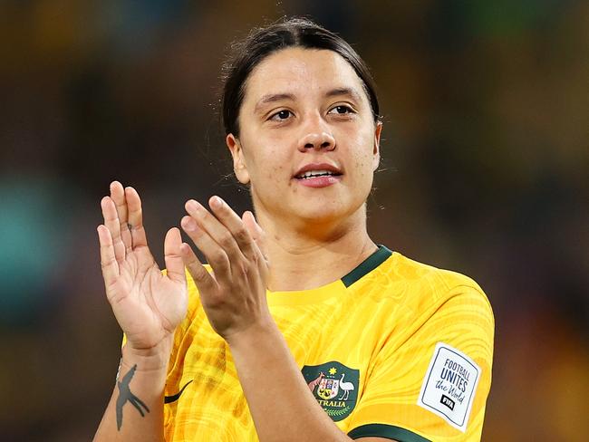 SYDNEY, AUSTRALIA - AUGUST 07: Sam Kerr of Australia applauds fans after her teamÃ¢â¬â¢s 2-0 victory and advance to the quarter final following the FIFA Women's World Cup Australia & New Zealand 2023 Round of 16 match between Australia and Denmark at Stadium Australia on August 07, 2023 in Sydney, Australia. (Photo by Brendon Thorne/Getty Images )