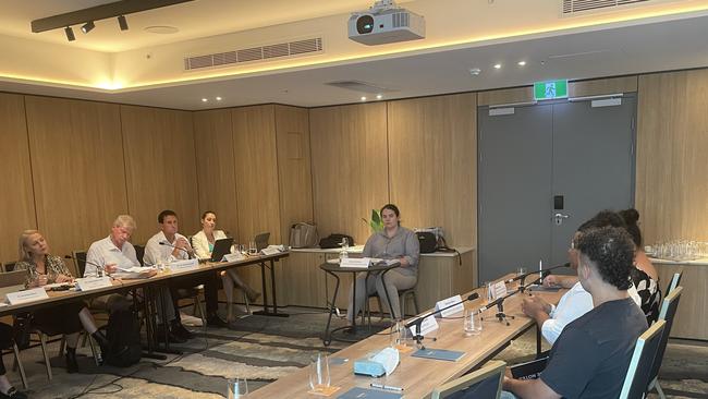 Marissa Nona, Semara Jose, and Daniel Rosendale from Deadly Inspiring Youth Doing Good present during the public hearing. Youth Justice Reform Select Committee in Cairns, February 7, 2024.