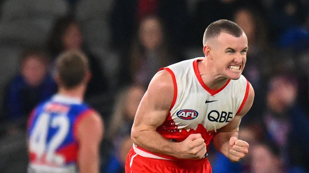 MELBOURNE, AUSTRALIA – MAY 23: Chad Warner of the Swans reacts on the final siren during the round 11 AFL match between Western Bulldogs and Sydney Swans at Marvel Stadium, on May 23, 2024, in Melbourne, Australia. (Photo by Morgan Hancock/Getty Images)