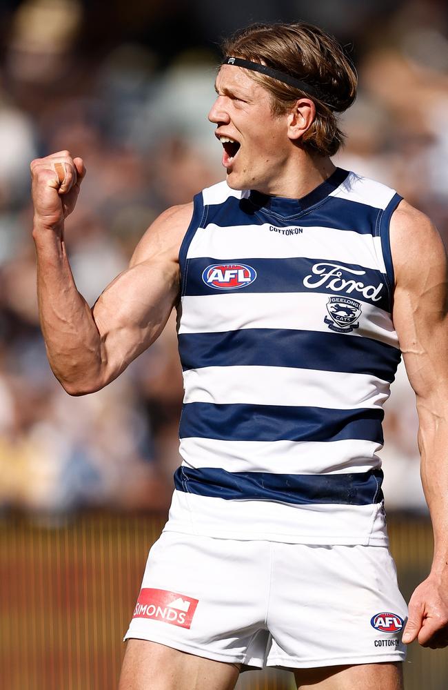 Rhys Stanley celebrates a goal against West Coast. Picture: Michael Willson/AFL Photos