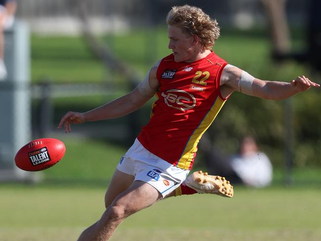 Ty Fitzgerald of the Gold Coast Suns U18 boys academy kicks the ball during the 2024 Coates Talent League Boys Round 06 match. Picture: Rob Lawson/AFL Photos.