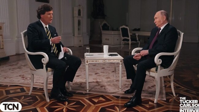 Russian President Vladimur Putin and Tucker Carlson on The Tucker Nelson Network. Picture: Tucker Nelson Network.