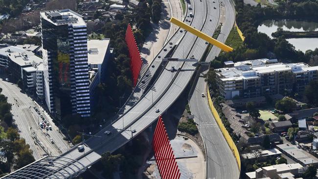 Empty roads and freeways in Melbourne as strict stage 4 lockdowns are enforced. Picture: Aaron Francis