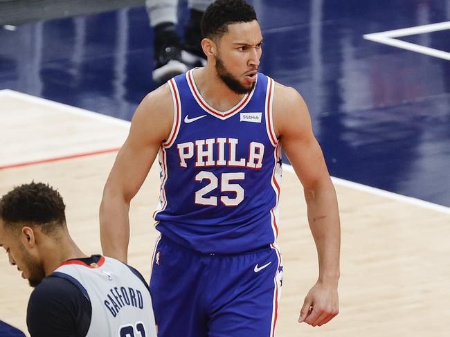 WASHINGTON, DC - MAY 31: Ben Simmons #25 of the Philadelphia 76ers celebrates during the first quarter against the Washington Wizards during Game Four of the Eastern Conference first round series at Capital One Arena on May 31, 2021 in Washington, DC. NOTE TO USER: User expressly acknowledges and agrees that, by downloading and or using this photograph, User is consenting to the terms and conditions of the Getty Images License Agreement.   Tim Nwachukwu/Getty Images/AFP == FOR NEWSPAPERS, INTERNET, TELCOS & TELEVISION USE ONLY ==