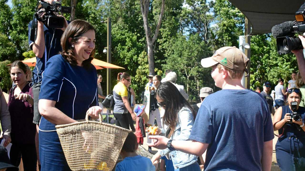 TOO HARD: The Premier was happy handing out rubber ducks to children at Kershaw Gardens in Rockhampton on Saturday but less comfortable answering questions about allegations of ministerial misconduct. Picture: Christine McKee