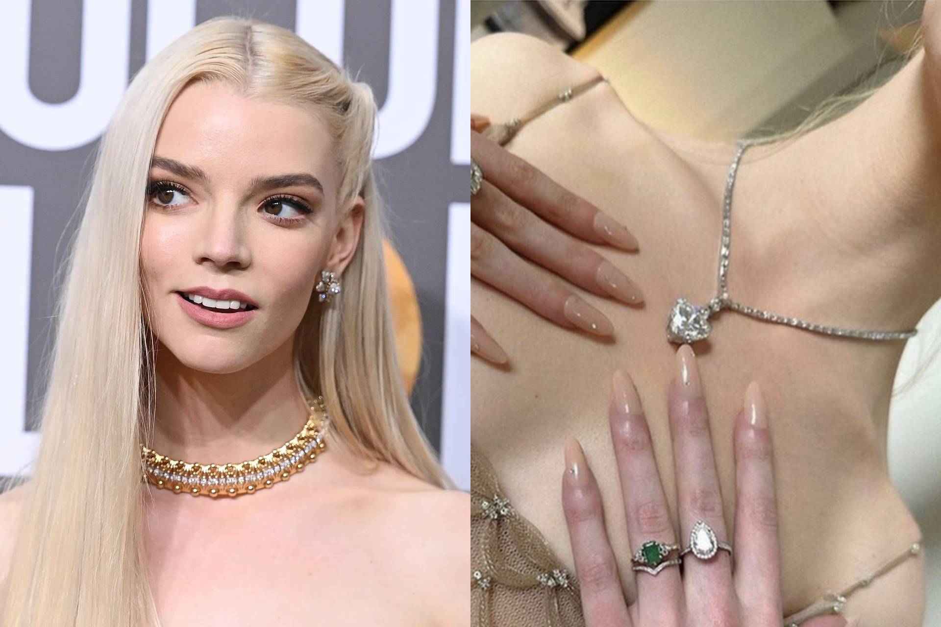 <h3>Anya Taylor-Joy</h3><p>Taylor-Joy's engagement ring, a vintage cut emerald framed by brilliant cut diamonds, is set on a gold band, and echoes her own style to a tee: whimsical, retro and romantic.</p>