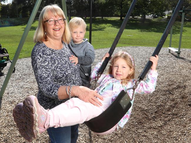 Bronwyn Beeson with her grandkids Anja, 3, and Tomas, 2. Picture: Alex Coppel.