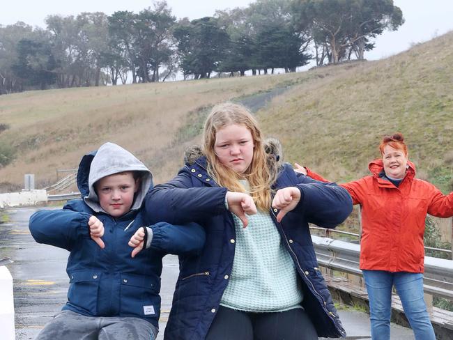 Julie Oataway is frustrated by the closure of the Pollocksford Rd bridge. It means she is cut off from her grandchildren Billy, 9, and Ebony, 12, who live in Bannockburn. Julie has to drive an extra 60 minutes to see them every week because of the bridge closure. Picture: Alan Barber