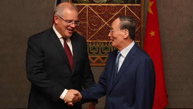 Prime Minister Scott Morrison meets with Vice President of the People's Republic of China r Wang Qishan in Jakarta, Indonesia in October, 2019. Picture: Adam Taylor