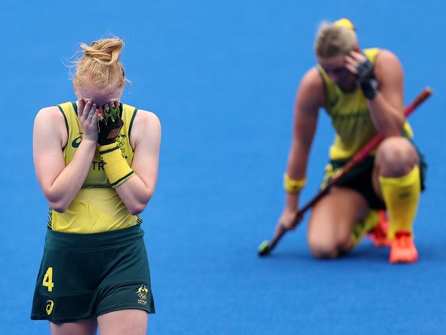 Amy Rose Lawton and Mariah Williams after Australia’s hockey loss. Picture: Getty Images