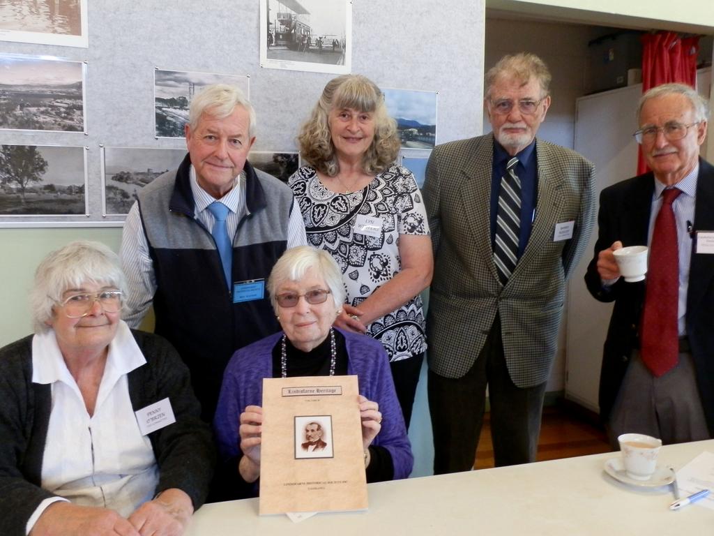 <p>Penny O&rsquo;Brien, left, Reg Watson, Sheila Spargo, Lyn Winter, Barry Riseley and Philip Sweetingham, at the launch of Lindisfarne Heritage - Volume II, published by the Lindisfarne Historical Society. Picture: SUPPLIED</p>