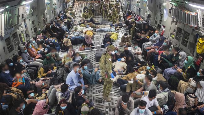 An RAAF repatriation flight after leaving Kabul on Sunday. Picture: ADF