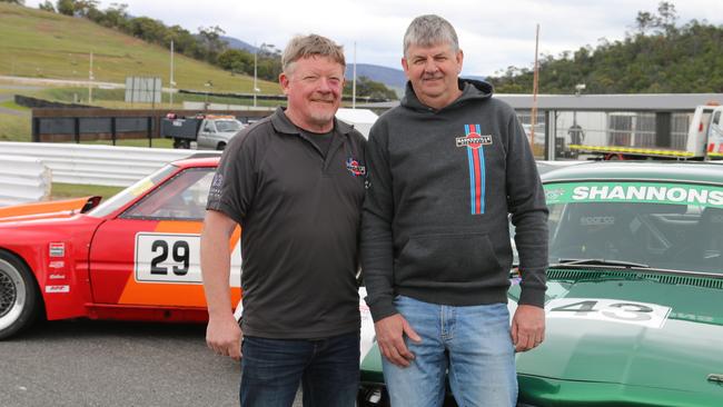 Leigh Woolley and Mick Cross with Mr Wooley's XU1 Torana and Mr Cross' sports sedan Rover at Baskerville ahead of the 2024 Baskerville Historics. Picture: Elise Kaine