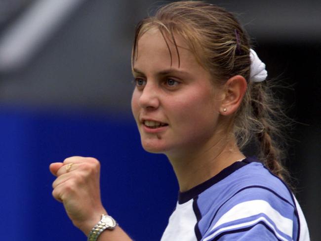 Jelena Dokic celebrates after a win during the Adidas International women's singles first round match at Homebush Bay in 2000. Picture: Gregg Porteous.