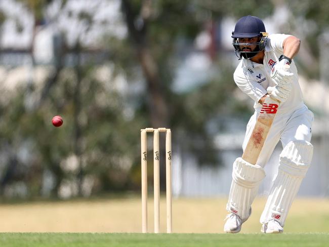 Shobit Singh of Dandenong bats during the Victorian Premier Cricket Kookaburra Men's Premier Firsts Round 4 match between Dandenong and Greenvale Kangaroos at Shepley Oval, on November 16, 2024, in Melbourne, Australia. (Photo by Josh Chadwick)