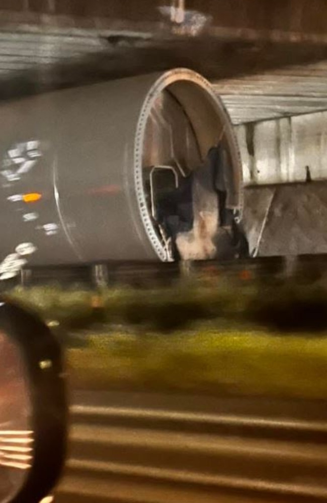 The Warrego Highway southwest of Brisbane is closed after a truck carrying components for a wind turbine hit a bridge. Picture: Facebook/CamJay