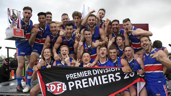 Keilor celebrates its 2019 premiership triumph. Picture: Andy Brownbill