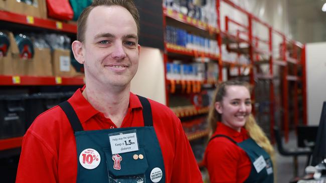 Complex Manager Mark Ommundson and team member Chantelle Bauer pose for photographs at the new Bunnings opening this weekend in Gladesville. (AAP IMAGE / Angelo Velardo)