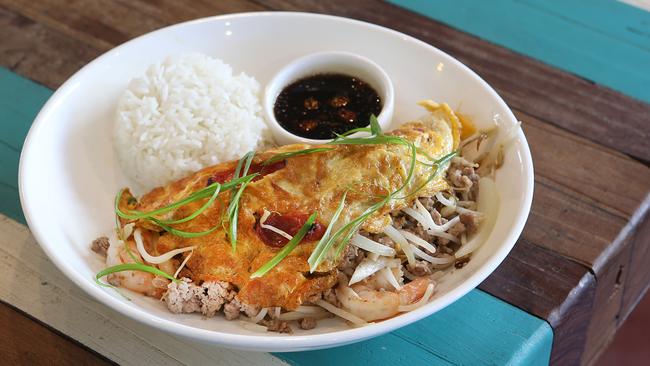 Cafe O-Mai’s Vietnamese omelette with prawns and a side of rice is simply delightful. Picture: Supplied.