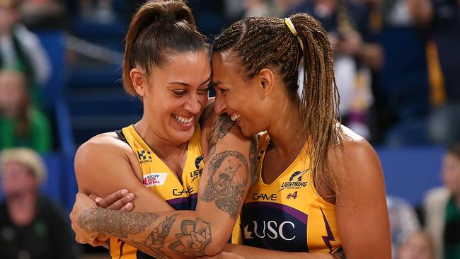 Erena Mikaere and Geva Mentor share a special moment after winning the Super Netball grand final on Sunday. Picture: Getty Images