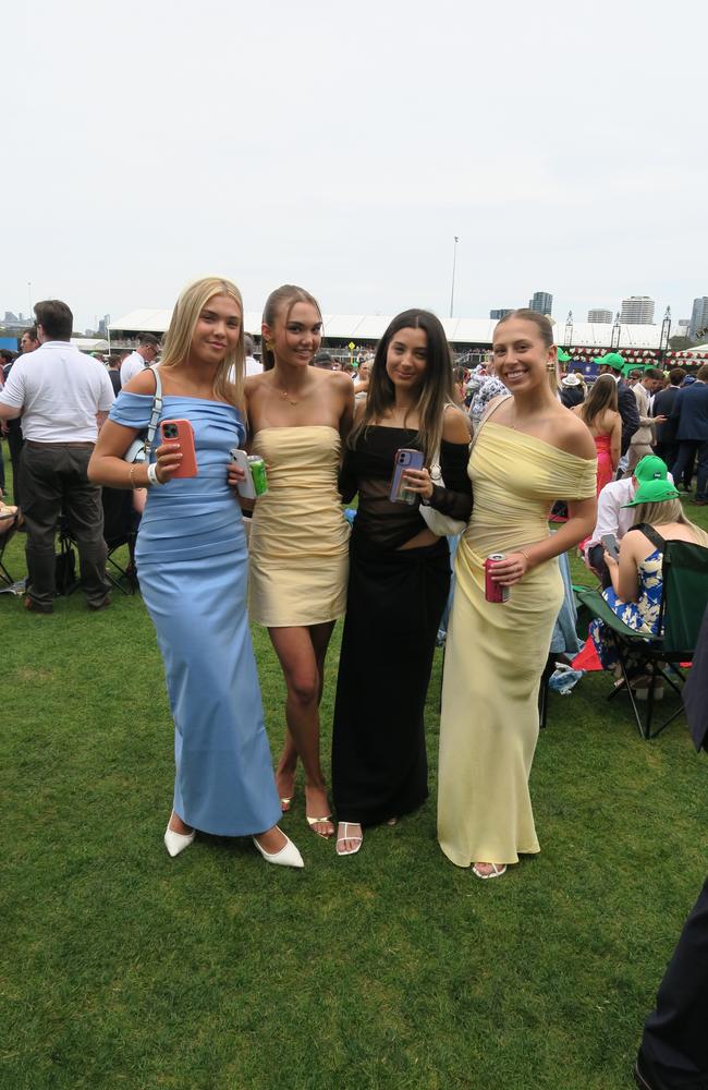 Keira, Chloe, Georgia and Isobel at Seppelt Wines Stakes Day 2024 at Flemington Racecourse. Picture: Gemma Scerri