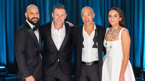 Sue-Ellan Vasiliou and her husband Marino with radio personality Ben Fordham (second from left) and neurosurgeon Dr Charlie Teo at one of their fundraisers for brain cancer.